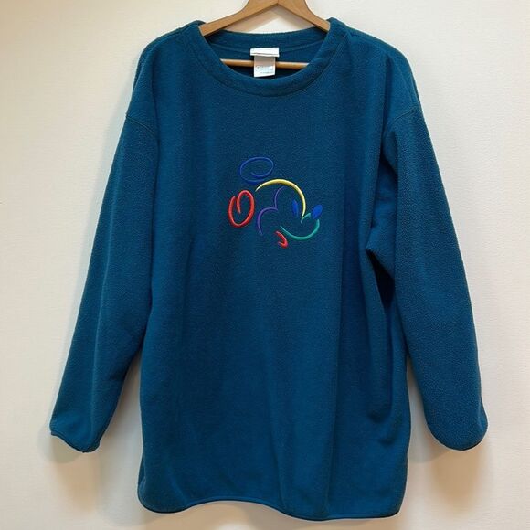 Disney Tops - Disney Sweatshirt Teal Fleece Embroidered Mickey Mouse Crew Neck Pullover